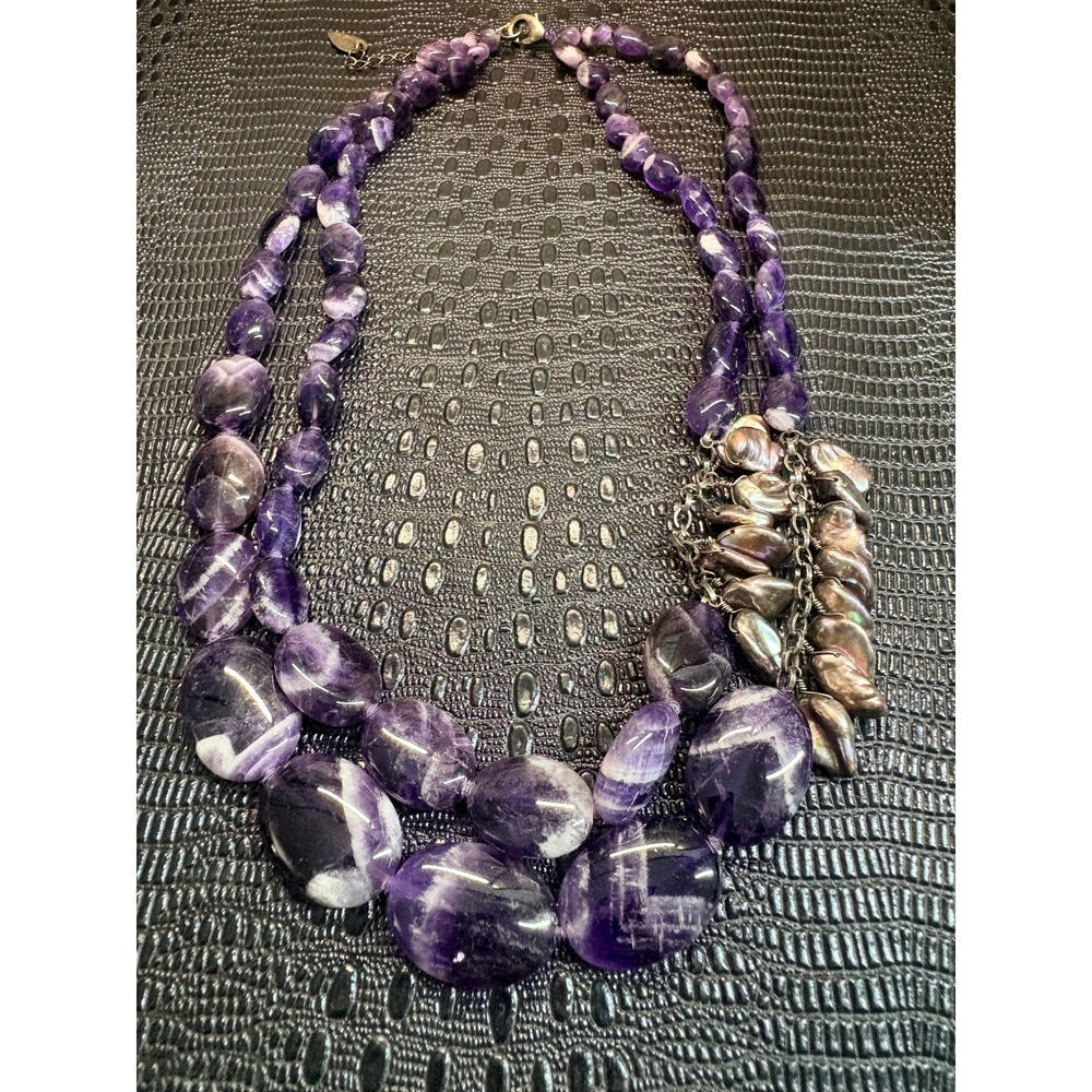 Amethyst Stone and Keshi Pearl Double Strand Statement Necklace Purple Silver